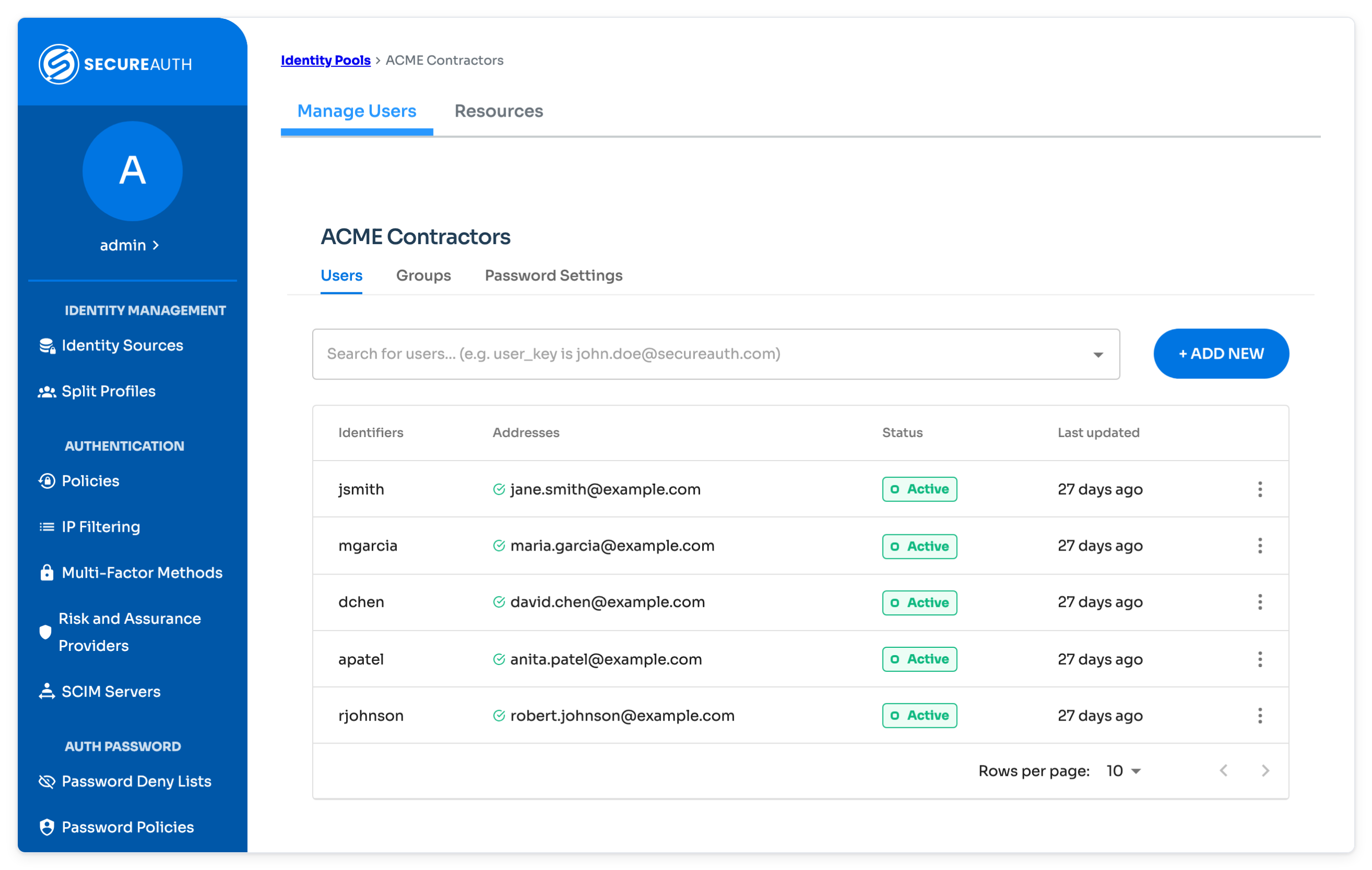 Identity pool page on the Manage Users tab, listing the pool's users with an Add New button.