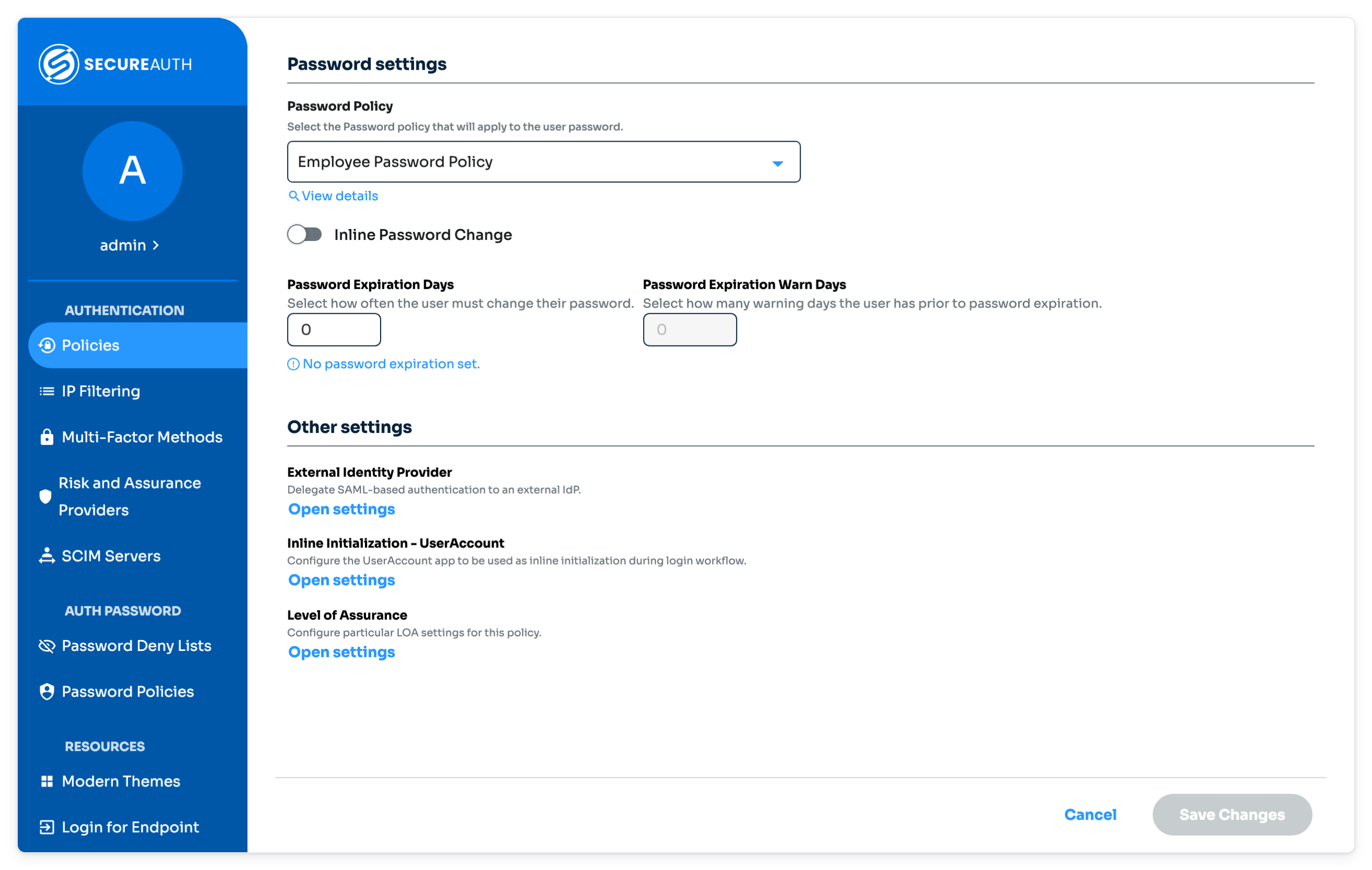 Login Workflow tab showing the Level of Assurance option in Other settings