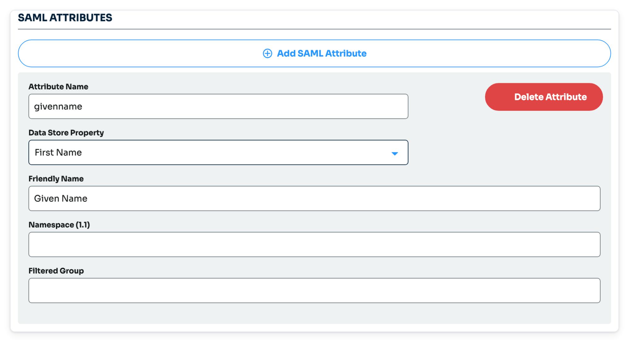 SAML Attributes section with an attribute row showing the Friendly Name field.