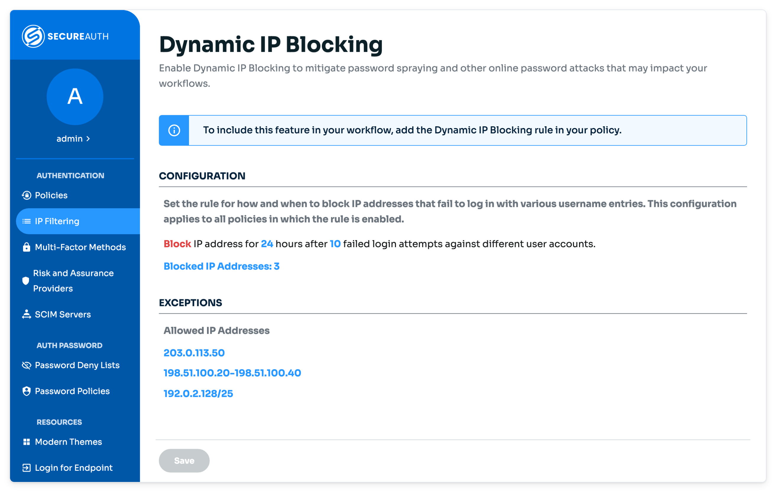 IP Filtering page with Dynamic IP Blocking settings, the Blocked IP Addresses link, and allowed IP addresses.