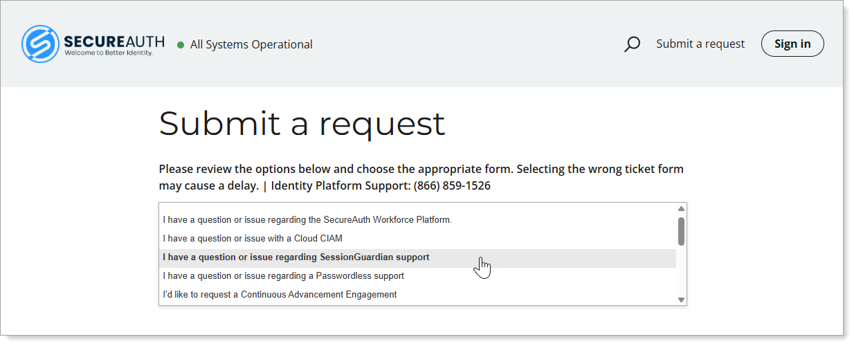 List showing "I have question or issue regarding SessionGuardian support" selected in the SecureAuth Support Portal